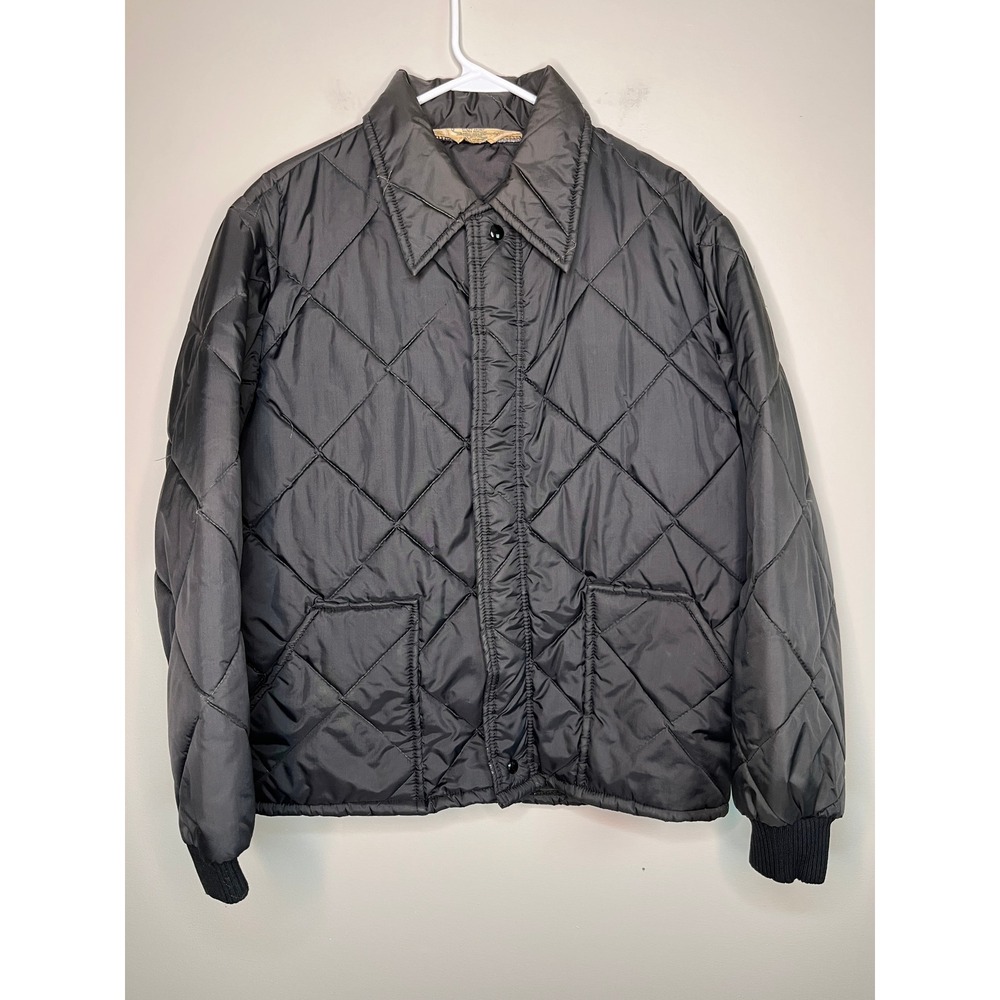 1970s Kmart Black Quilted Dagger Collar Grandpa Windbreaker Bomber Jacket M